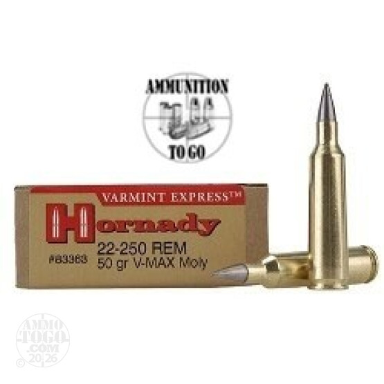 20rds - 22-250 Hornady 50gr. Moly Coated V-Max Polymer Tip Ammo